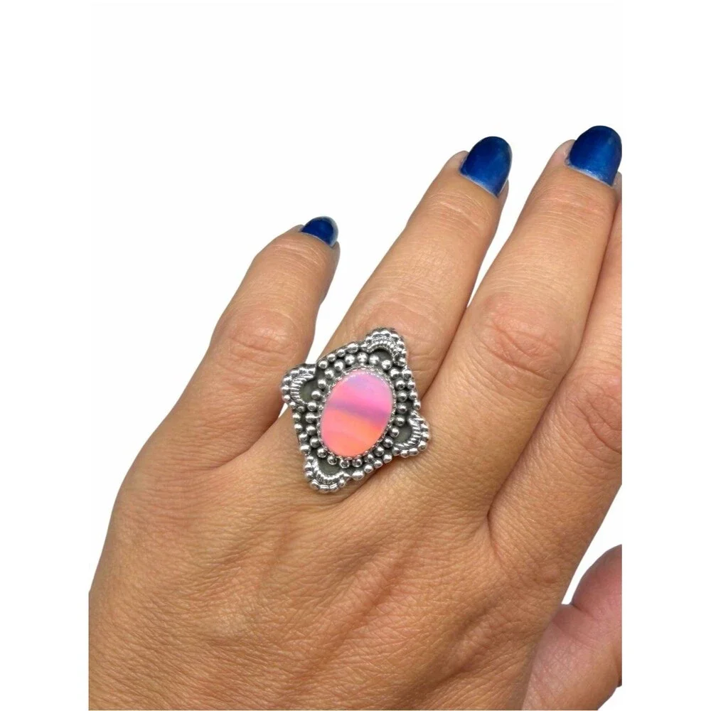 Aurora Fire Opal Ring Size 7 Solid 925 Sterling Silver Pink Aura Stone